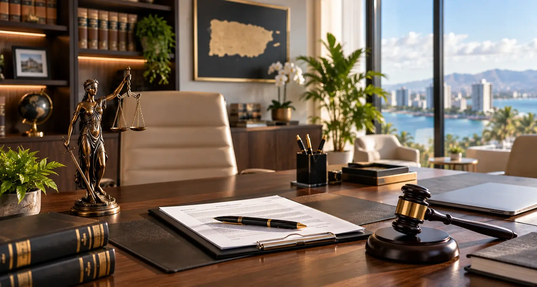 Professional legal office featuring Lady Justice, law books, legal documents, gavel, and an executive workspace overlooking a coastal city.