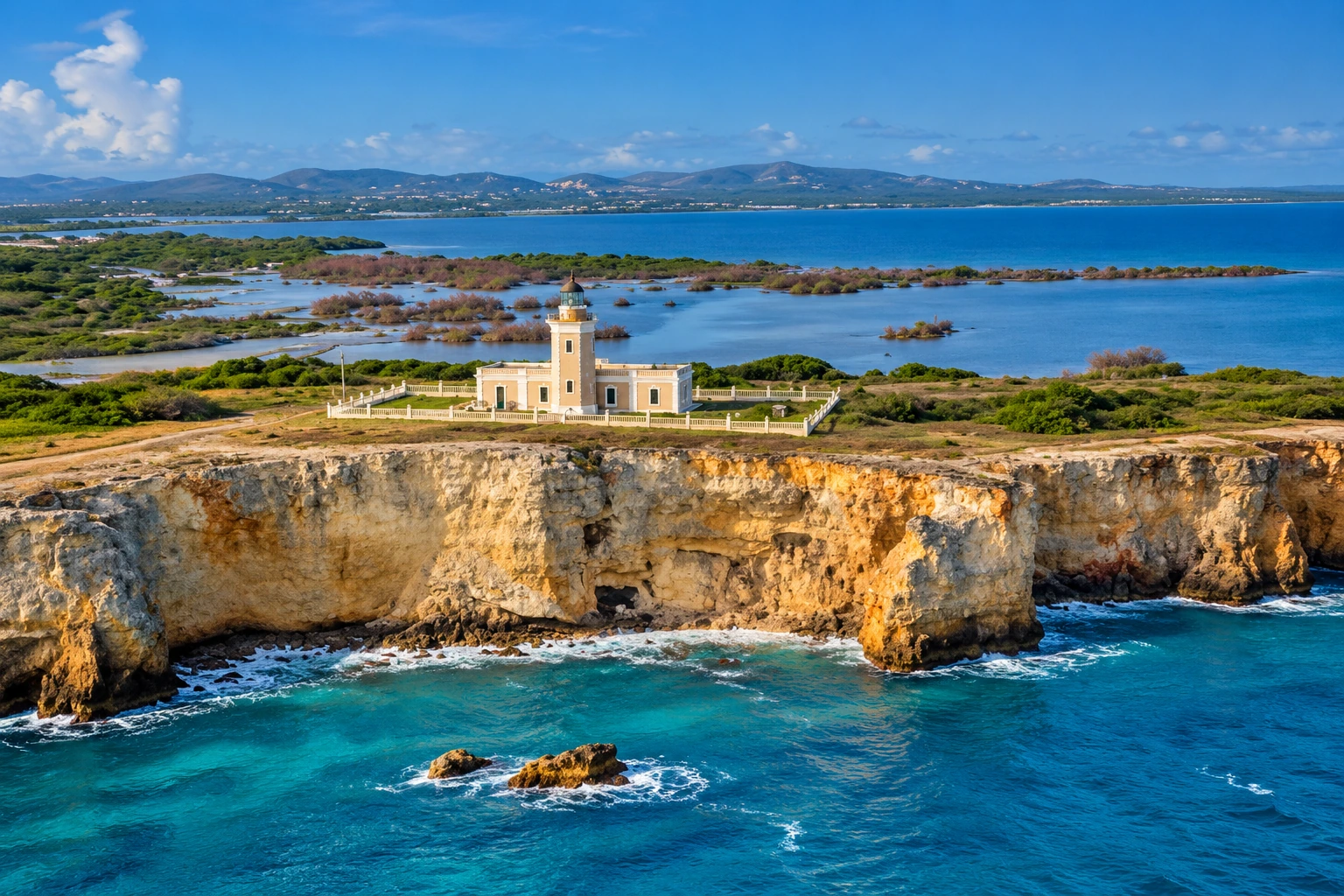 Faro Los Morrillos above coastal cliffs in Cabo Rojo, Puerto Rico.