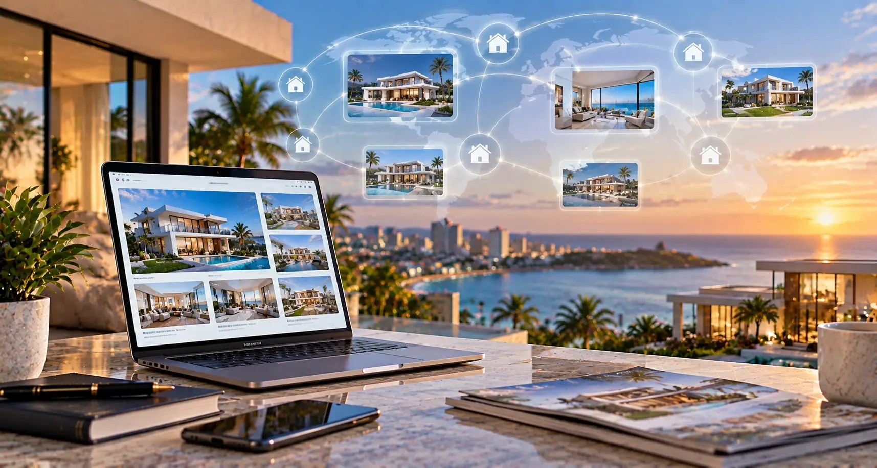 Connected Real Estate Listing Network A laptop displays property listings beside connected home images over a waterfront city.