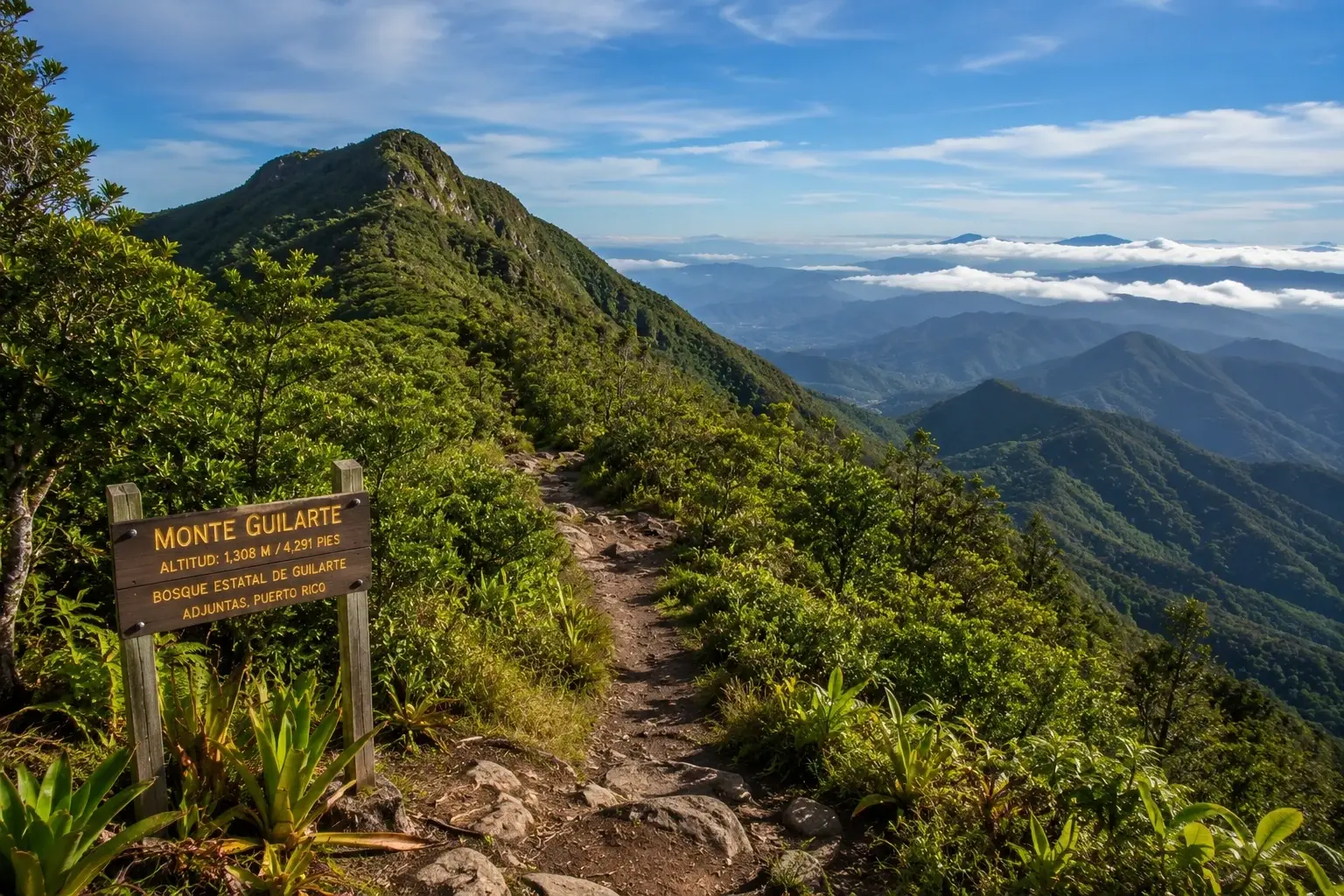 Mountain hiking trail surrounded by lush tropical vegetation at Monte Guilarte in Adjuntas, Puerto Rico.