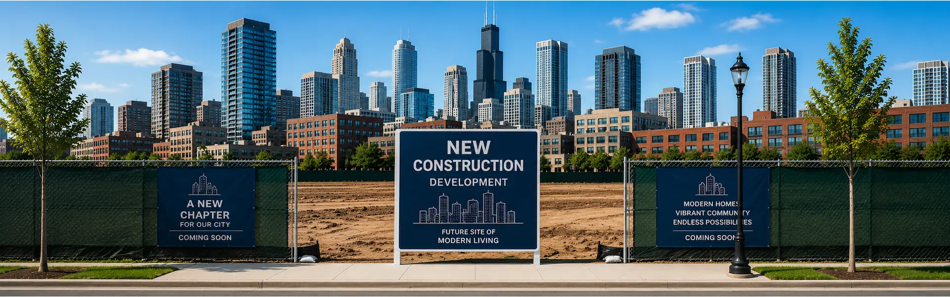 A fenced new construction site with development signs and a city skyline.