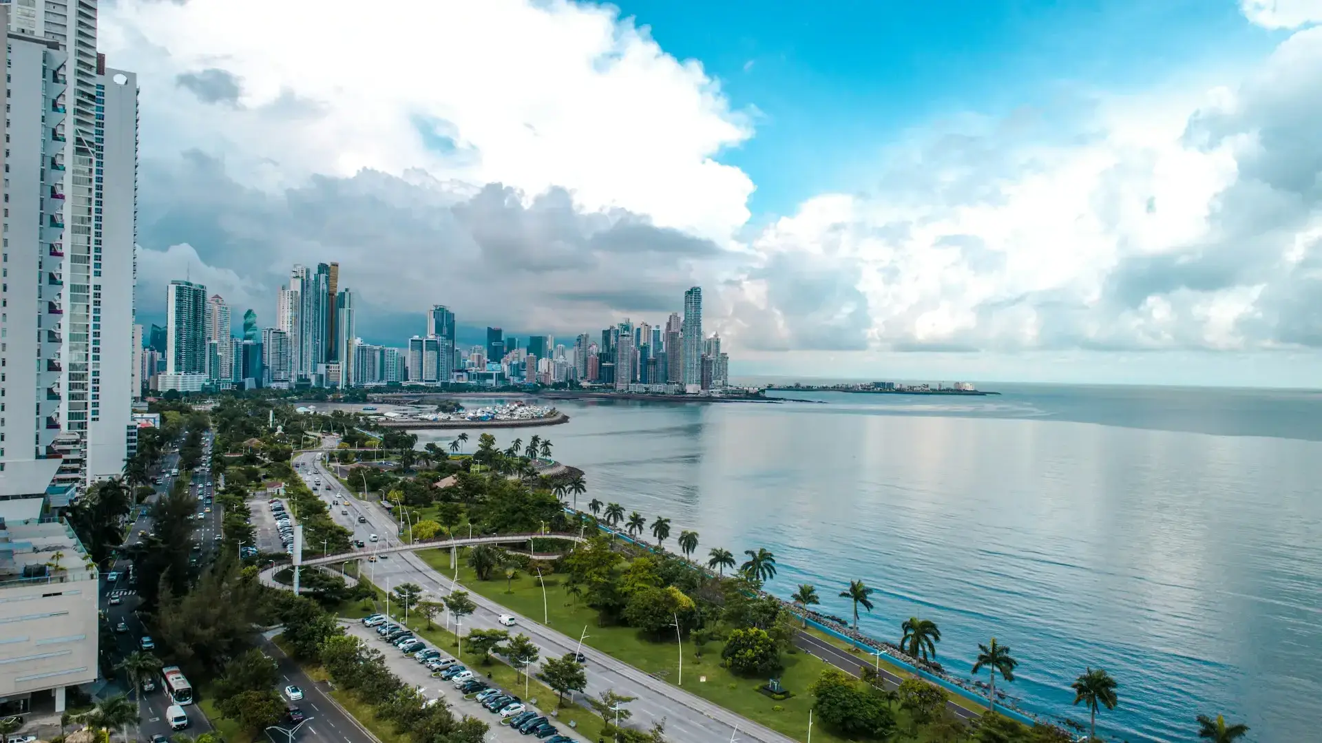Aerial view of Panama City skyline and waterfront residential towers