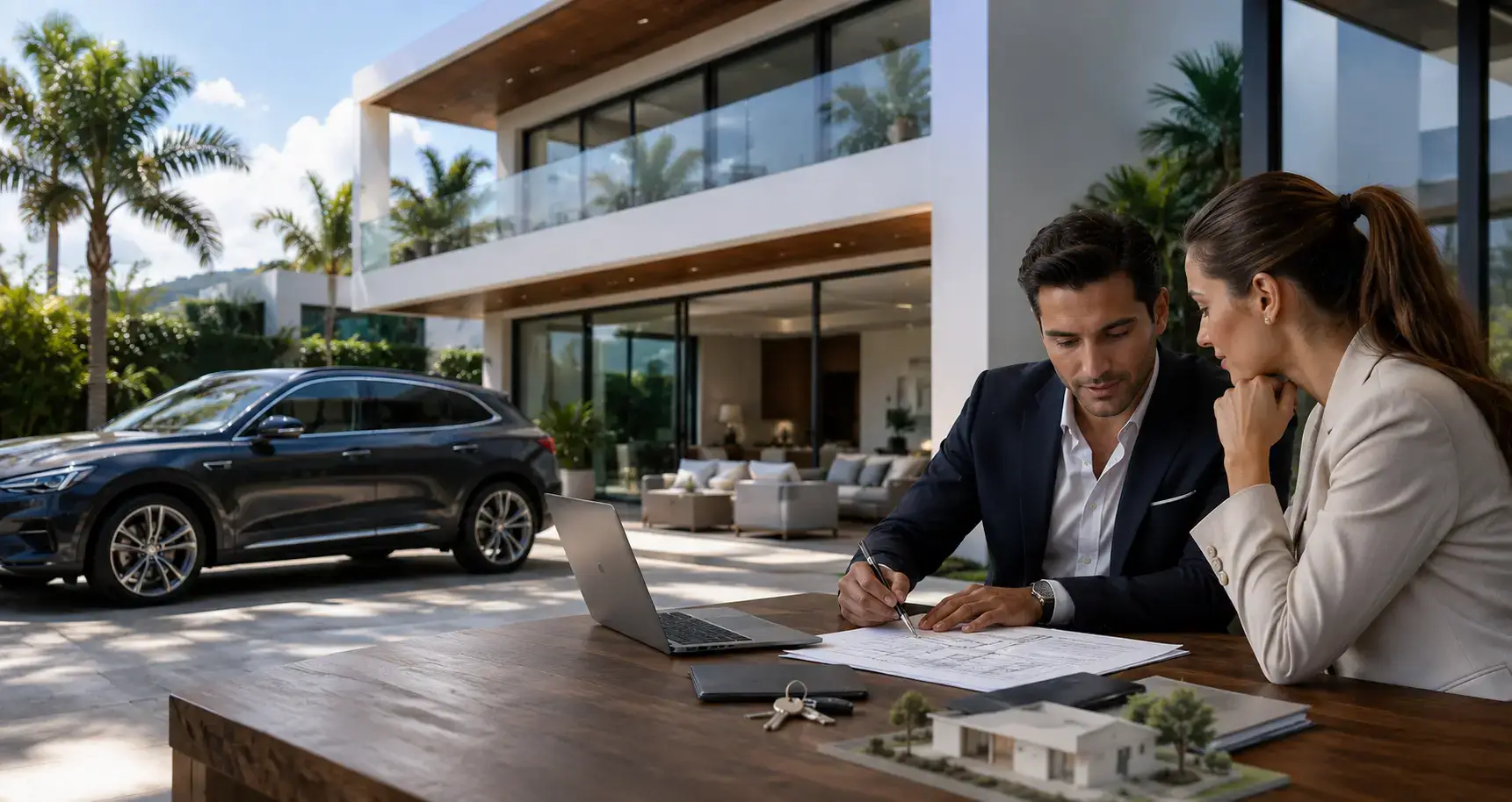 Real estate professionals reviewing property documents and architectural plans inside a modern luxury home.