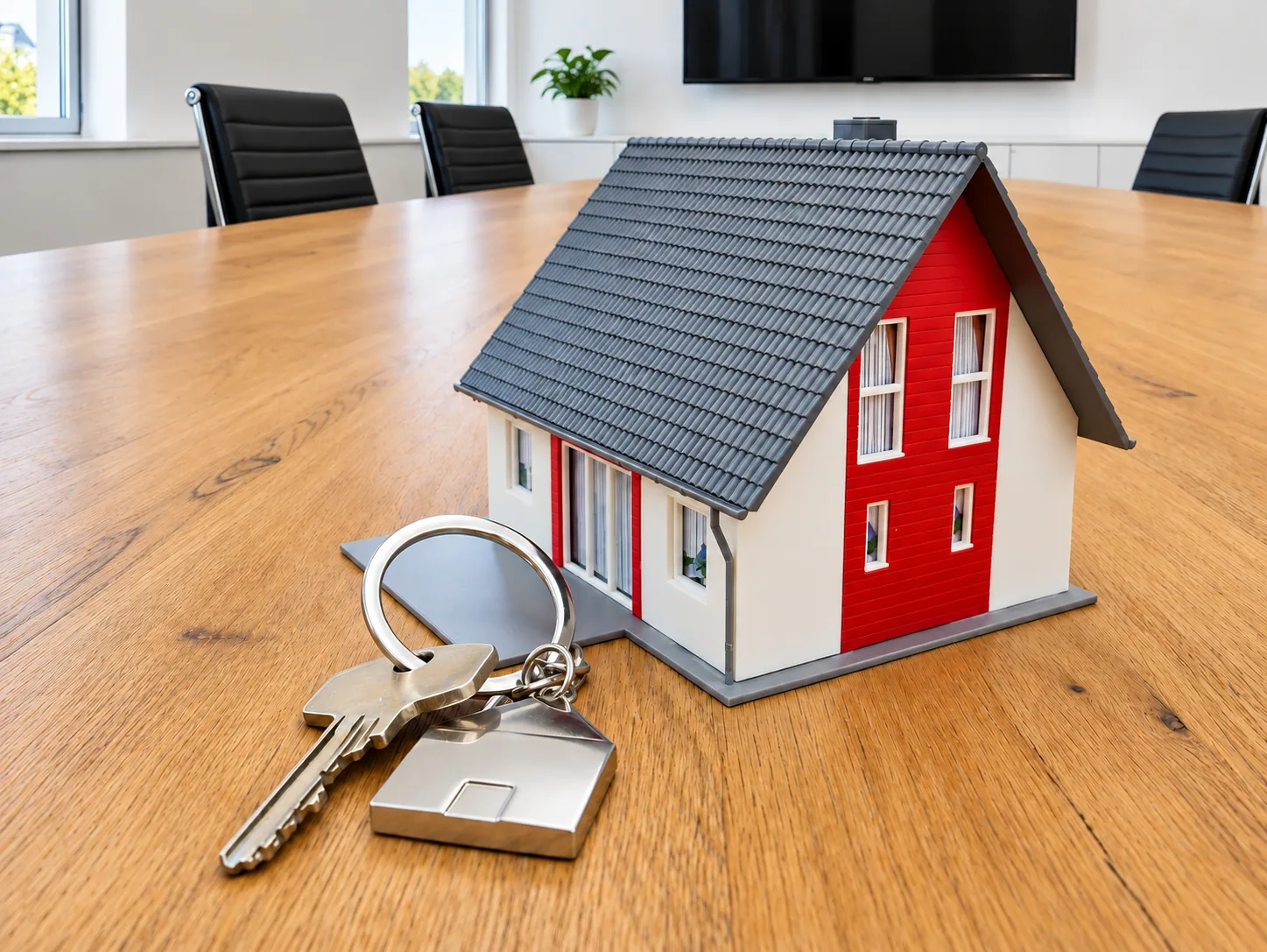 Red and white house model and metal keys on a wooden conference table in a bright office.