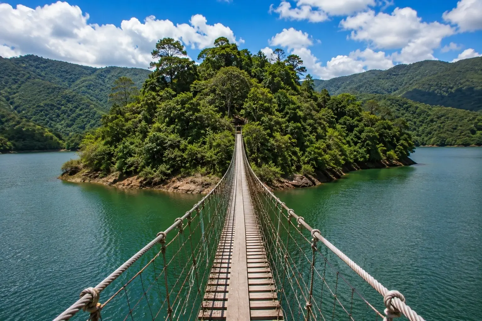 Suspension footbridge crossing the waters of Lago Garzas amid lush mountains in Adjuntas, Puerto Rico.