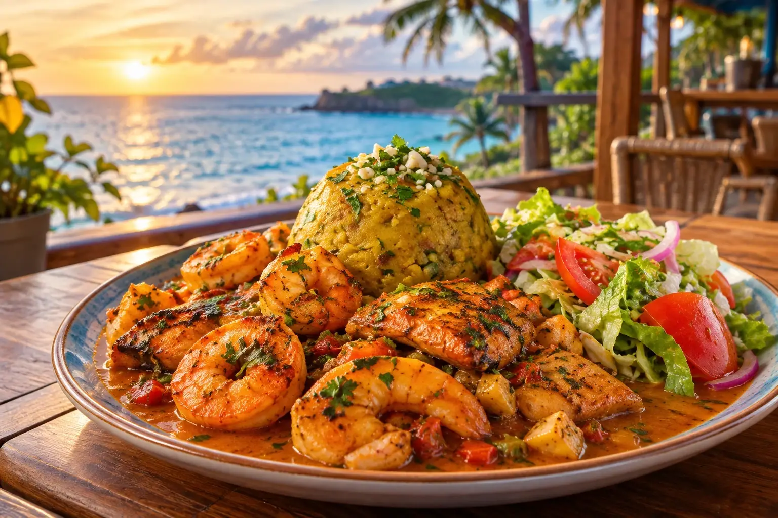 Illustration of mofongo, grilled shrimp and salad on a plate on a wooden seaside terrace, with palm trees, ocean water and a sunset in the background.