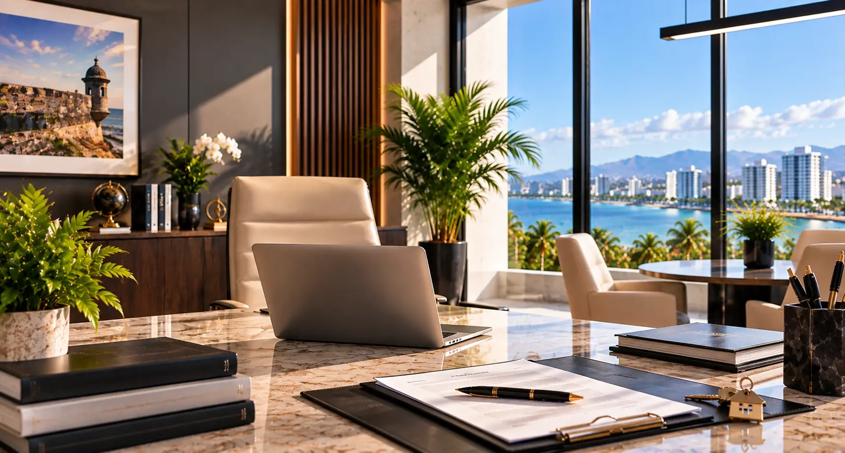 Modern Office with a Coastal City View A laptop, documents, and plants sit in a modern office overlooking a coastal city.
