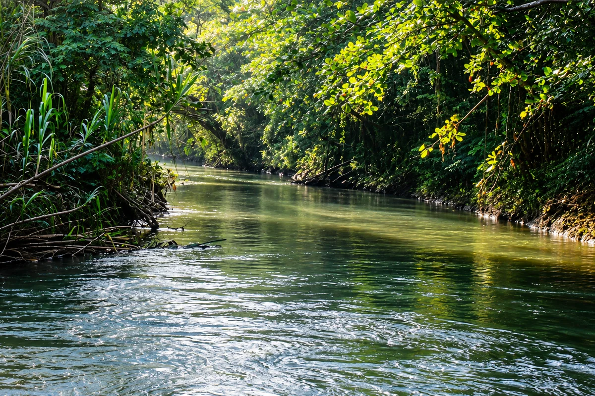 AI-enhanced image based on a supplied Río Camuy reference, showing a green river bend, dense tropical forest, overhanging branches and sunlight reflected on the water.