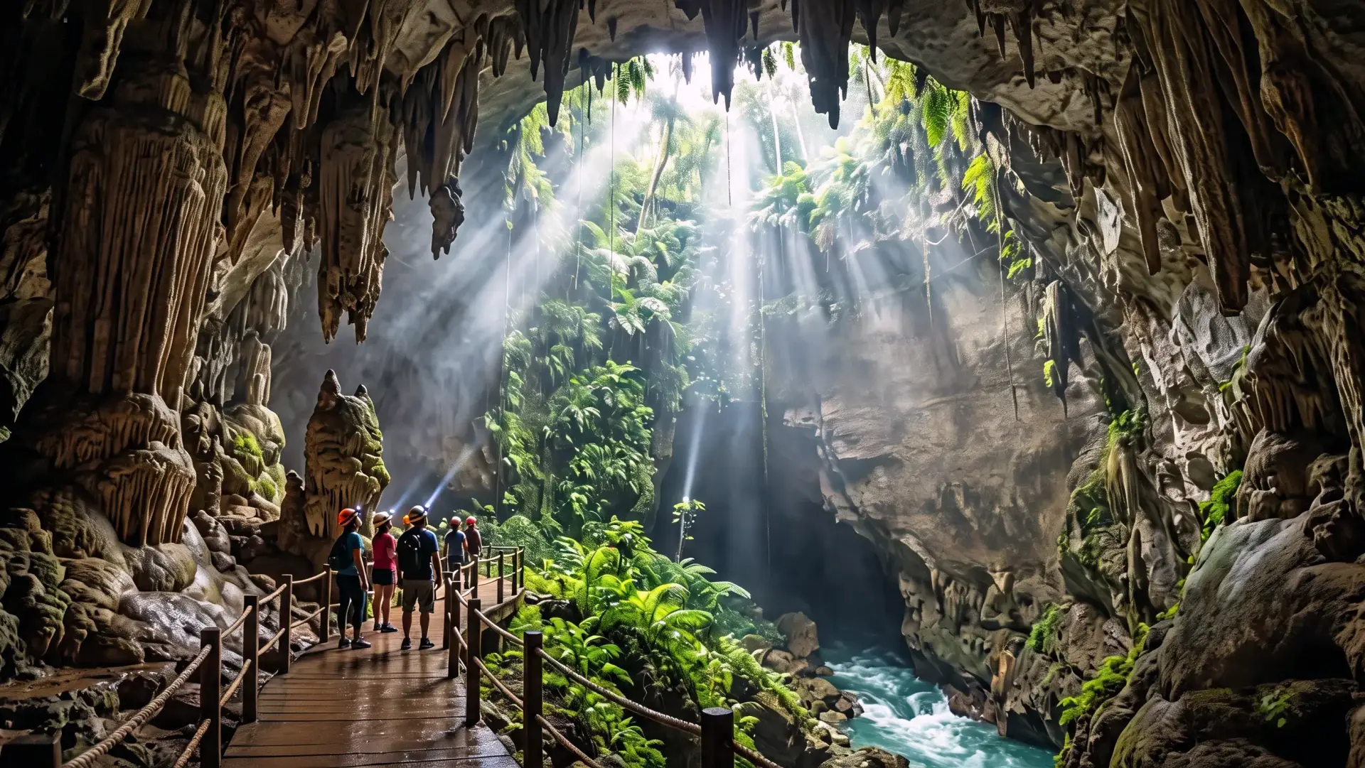 Illustration inspired by Río Camuy, Puerto Rico, showing a limestone cavern, hanging rock formations, a turquoise stream, tropical vegetation and visitors on a wooden walkway.