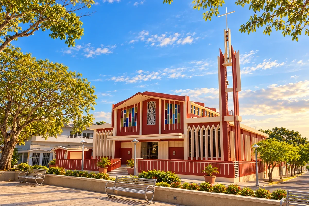 Digitally enhanced photograph of Parroquia San José in Camuy, representing Fiestas Patronales de San José. Original photo: Ian Poellet, CC BY-SA 4.0.