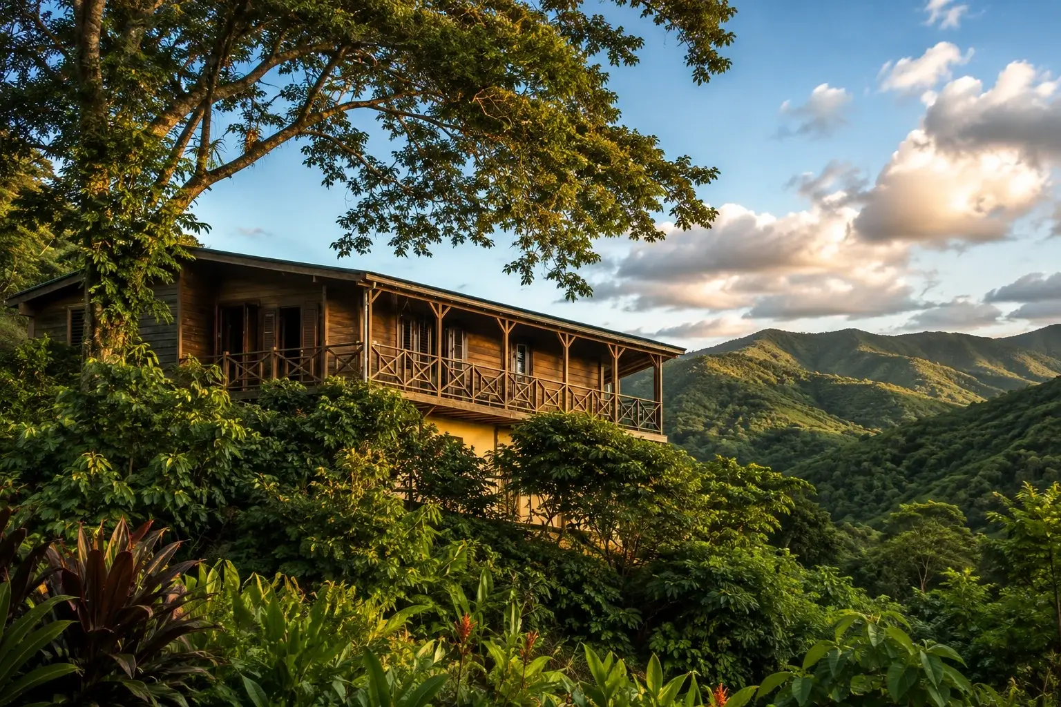 Traditional wooden mountain home surrounded by lush tropical vegetation and green mountain views in Tanamá, Adjuntas, Puerto Rico.