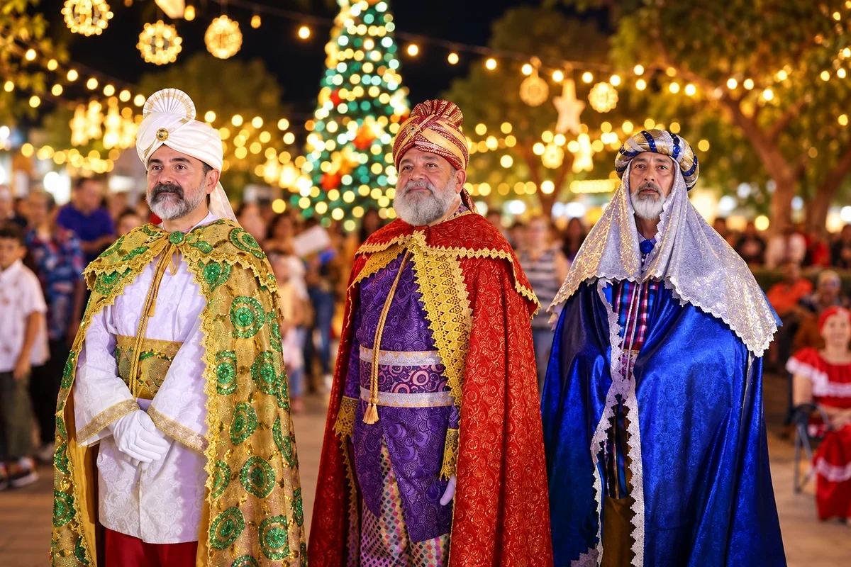 Digitally enhanced photograph of three men dressed as the Three Kings during Velorio de Reyes Florencio Cabán in Camuy, Puerto Rico.
