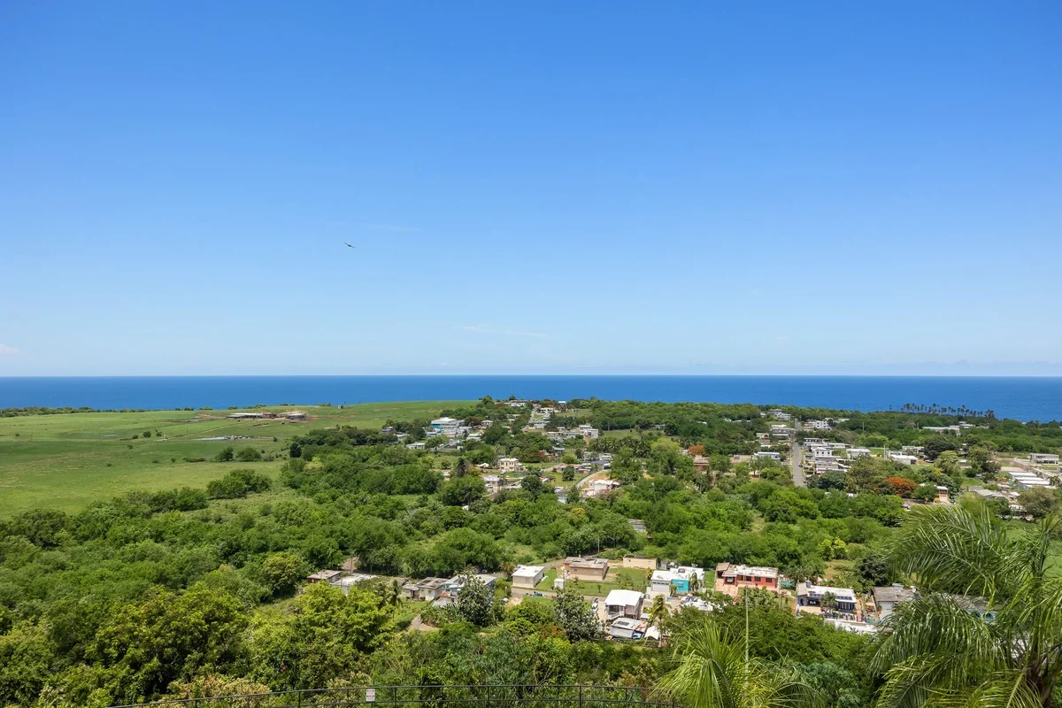 Panoramic view of coastal homes, green fields and trees with the Atlantic Ocean on the horizon in Camuy, Puerto Rico. Photo source: Casa Nakhla.